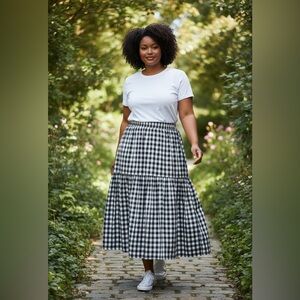 J. Crew Factory Black and White Checkered  Elastic back Maxi Skirt xlg